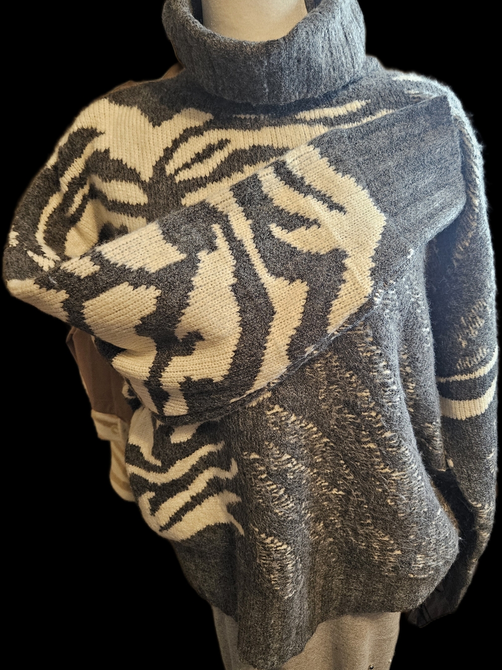 Turtleneck Zebra-Pattern Knit Sweater - Gray/Cream By Beivy